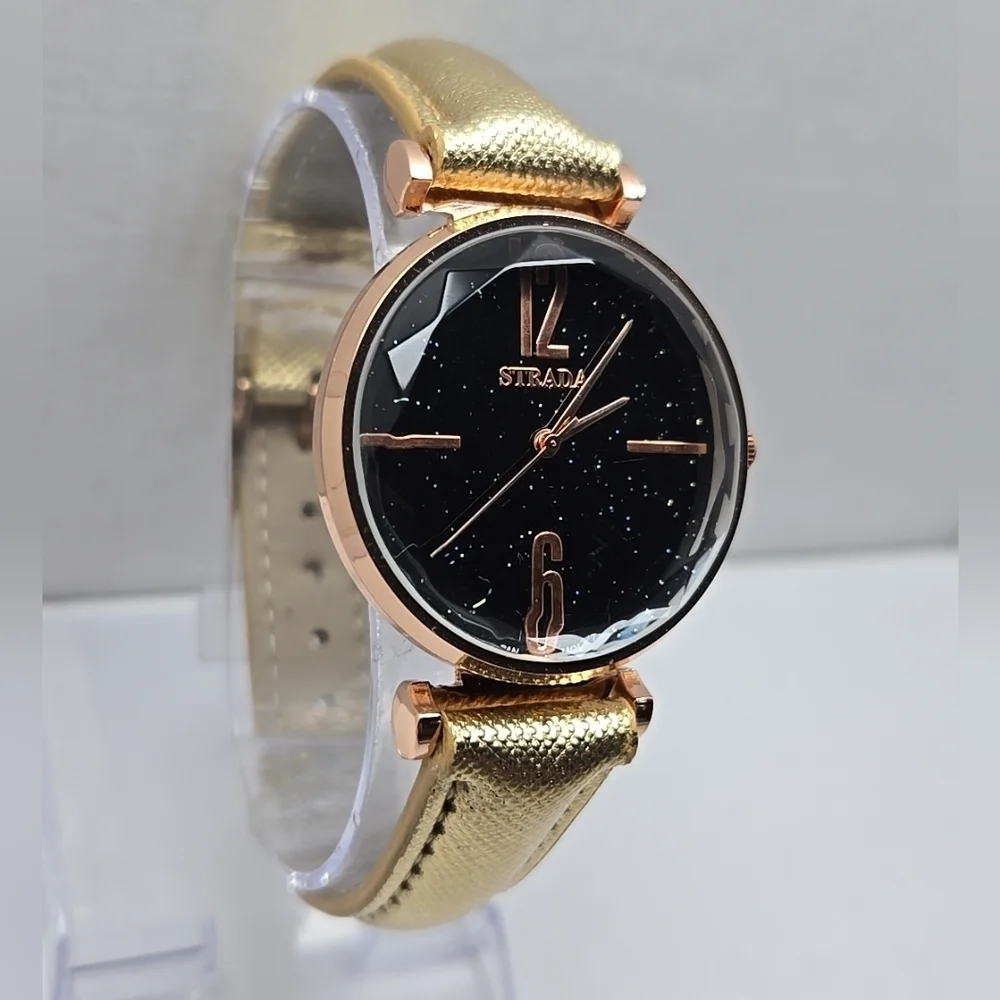 Womens Strada Rose Gold Tone Diamond Cut Bezel Watch Leather Sparkle New Battery